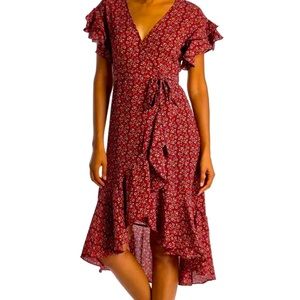 NWT MAX STUDIO SAKS off 5th Deep Red Ruffle Crepe High/Low Wrap Midi Dress XS